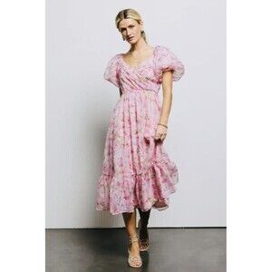 Arula Xquisite You Dress Womens XL Pink Floral Puff Sleeve Midi Ruffle Spring